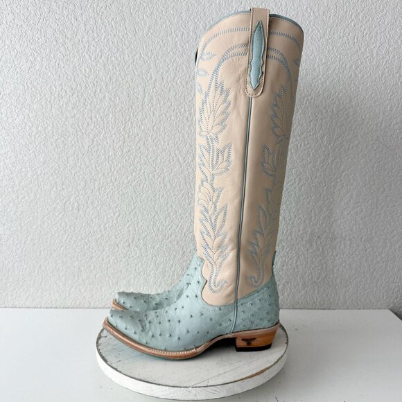Lane SANDAGA Knee High Womens Cowboy Boots Blue Ostrich Western Tall Size 7.5 - Picture 4 of 14